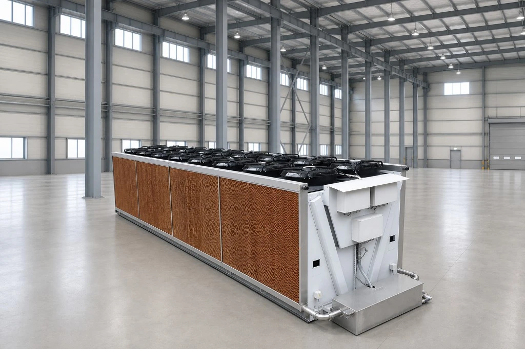VANTHEX adiabatic dry cooler with evaporative wet-curtain pre-cooling pads