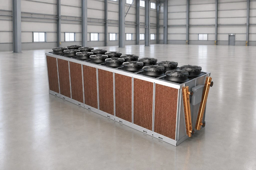 Long adiabatic dry cooler module with wet-curtain pads and top-mounted fan bank