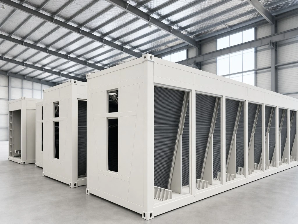 V-type dry coolers in a factory production hall