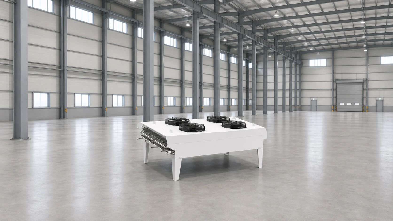 Horizontal dry cooler modules lined up in a production hall