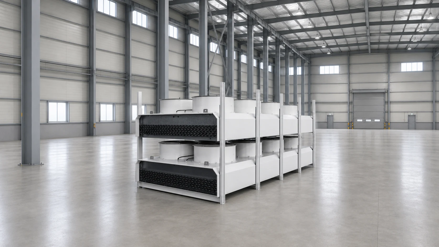 Factory-built horizontal dry cooler with integrated fan bank