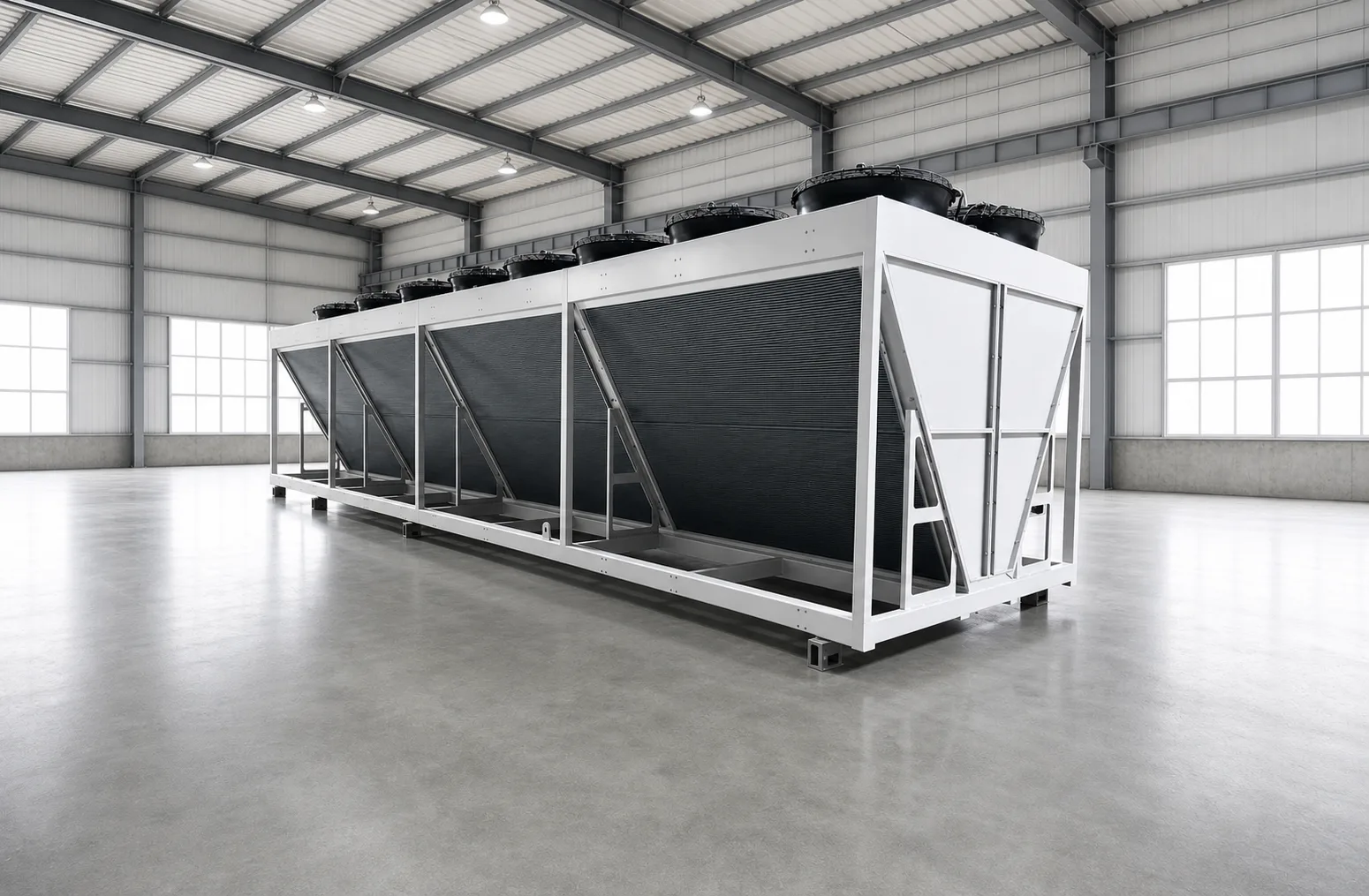 VANTHEX microchannel dry cooler unit in a factory production hall