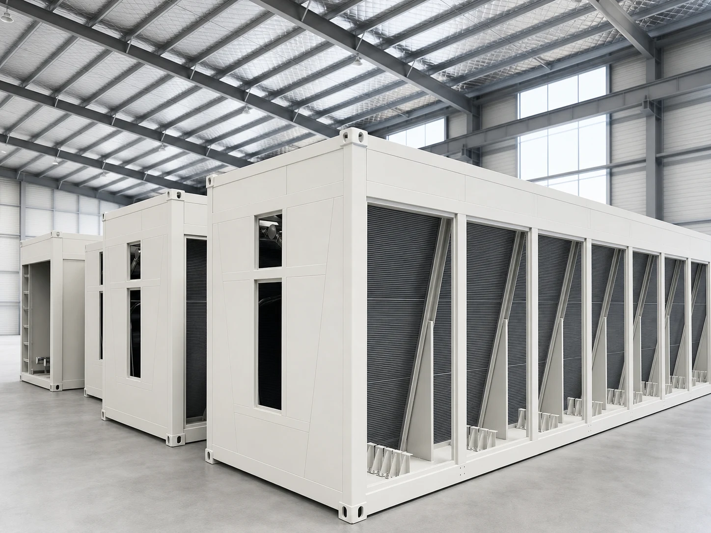 Multiple microchannel dry cooler units in a clean production hall