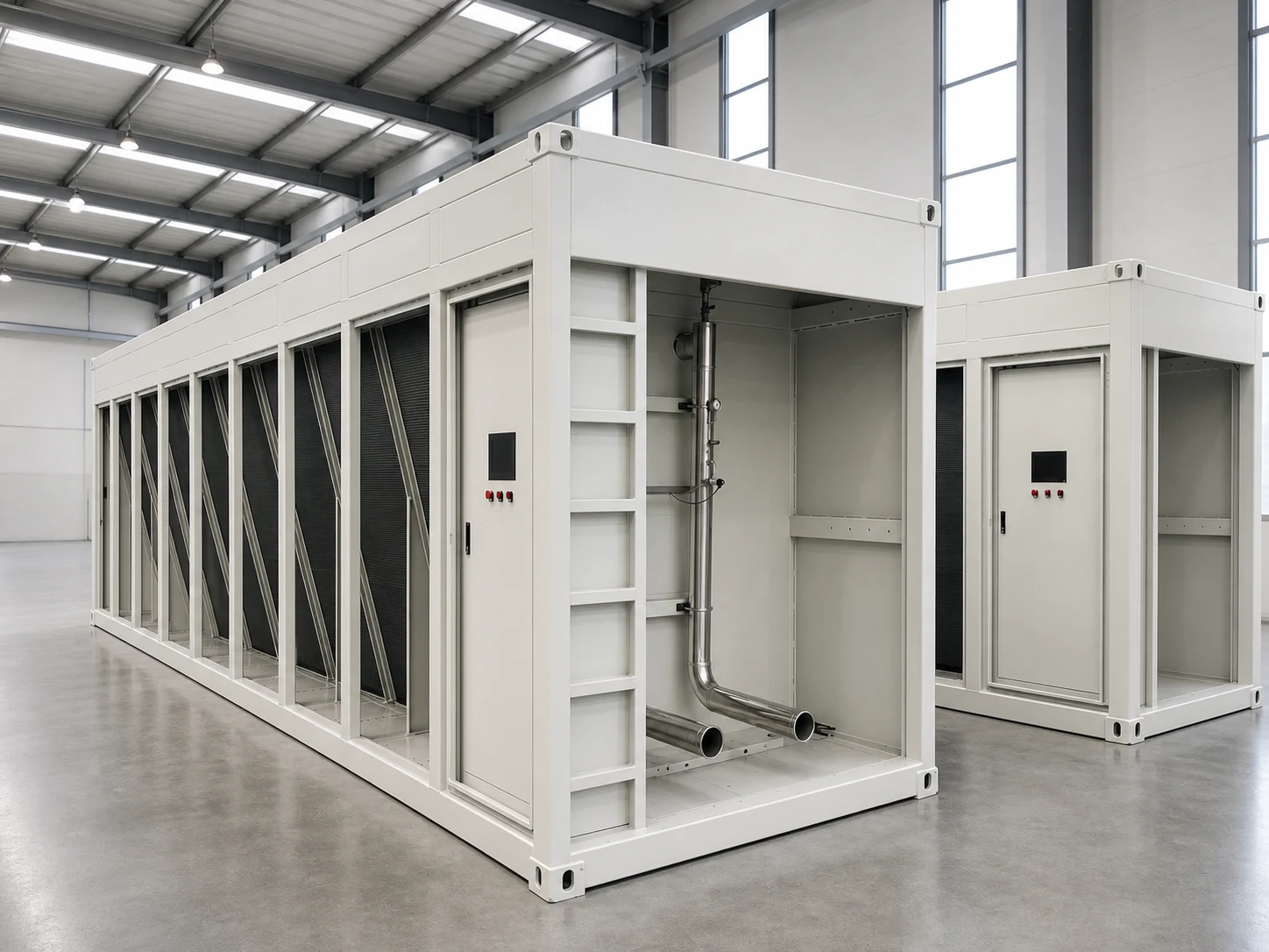 Microchannel dry cooler service bay and integrated pipework