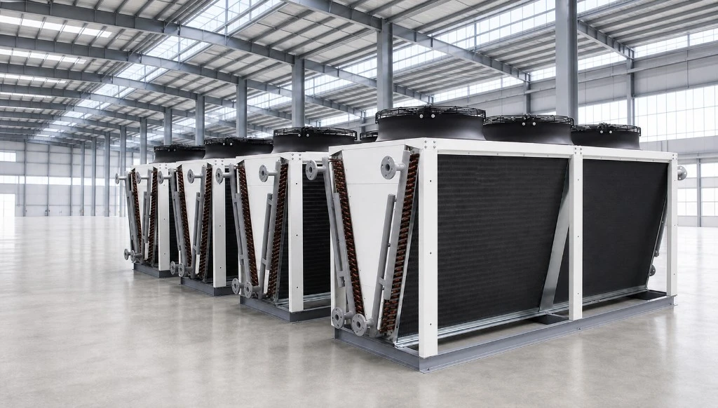 Row of VANTHEX V-type dry coolers in a factory production hall