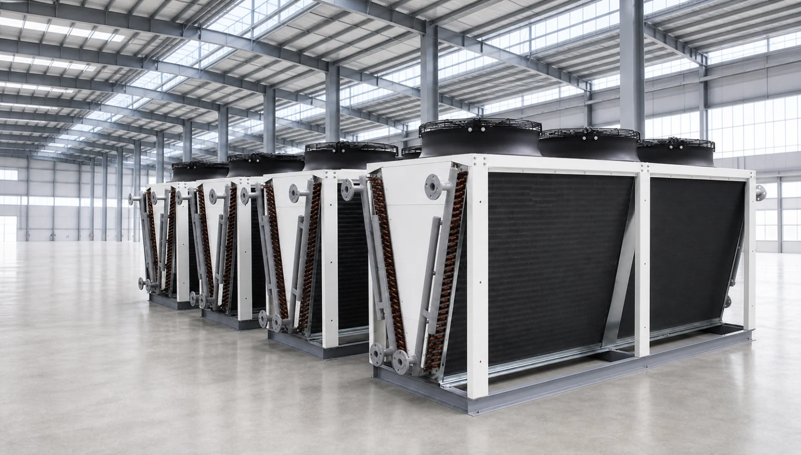 Large V-type dry cooler module with multiple top-mounted fans