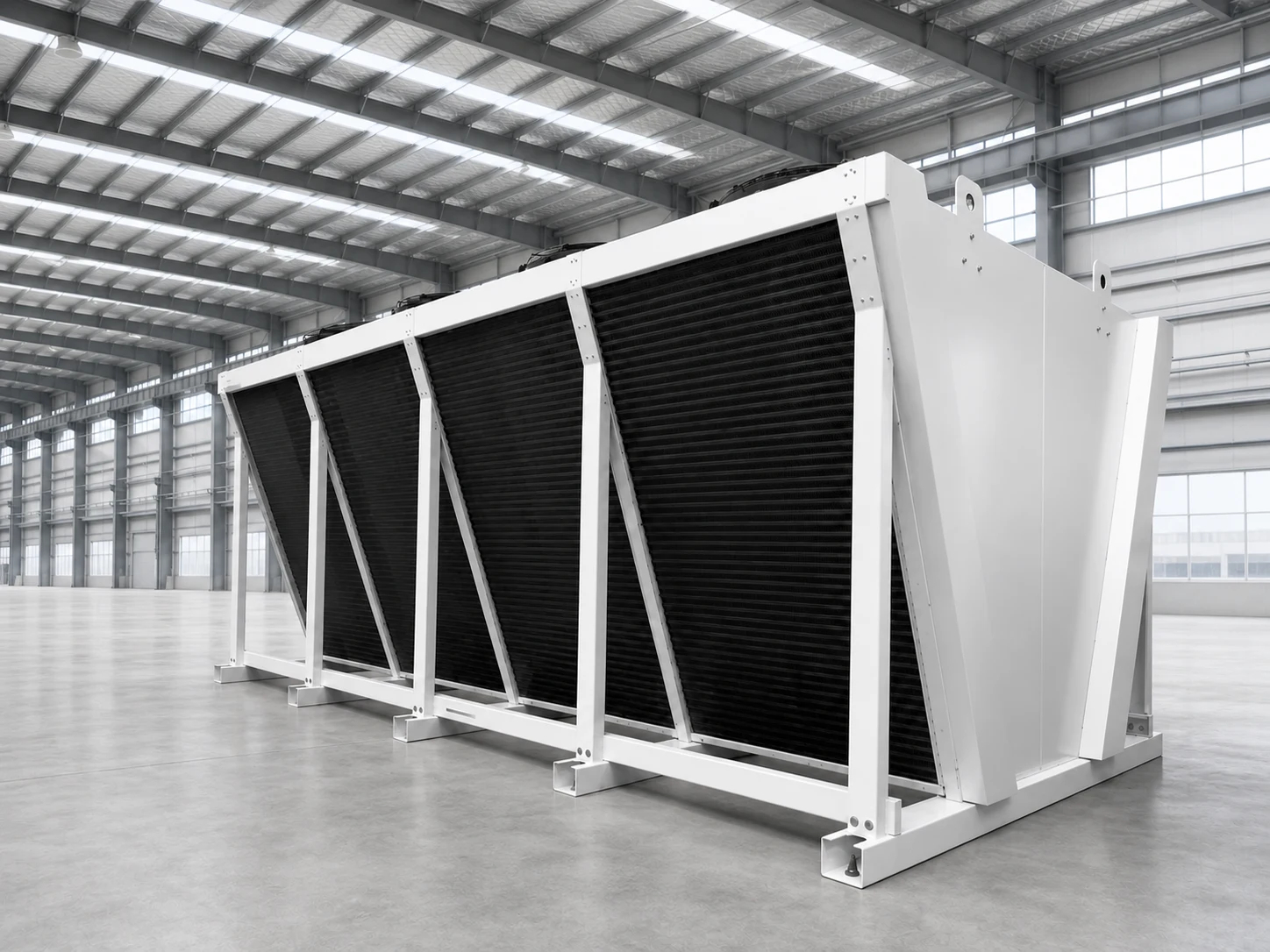 V-type dry cooler with integrated service piping and valve connections