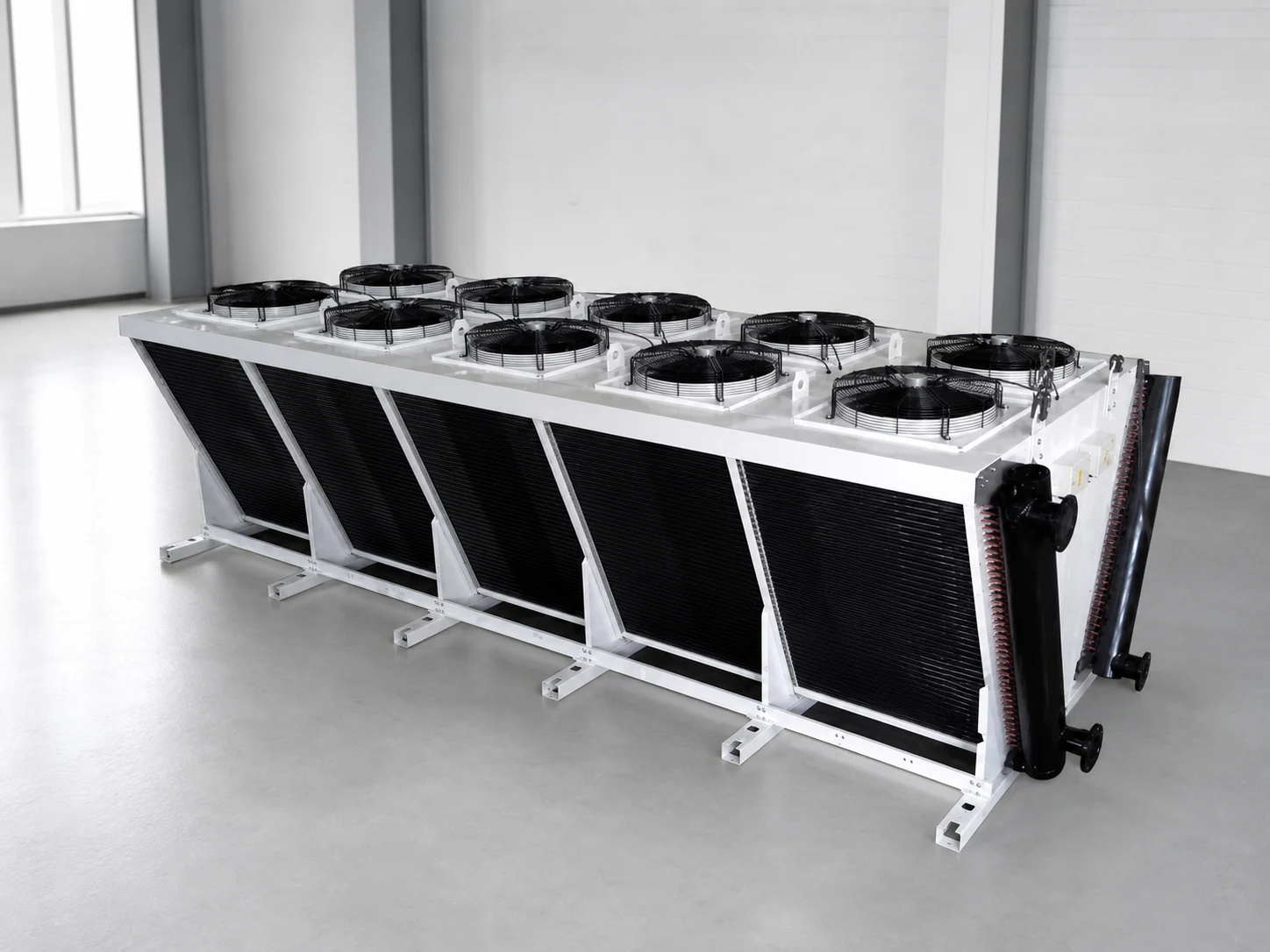 Front view of a factory-built V-type dry cooler unit